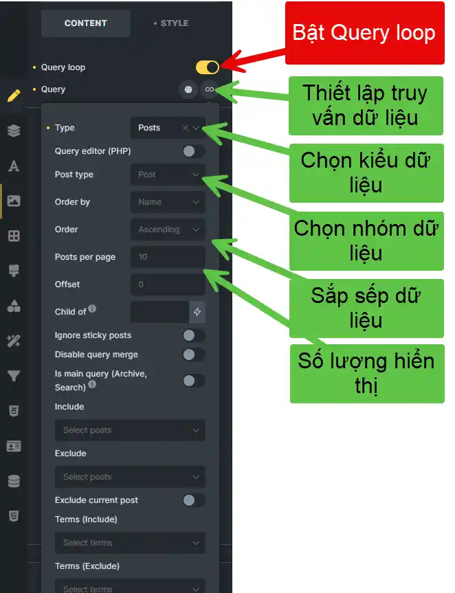 Tùy chọn thiết lập Query loop